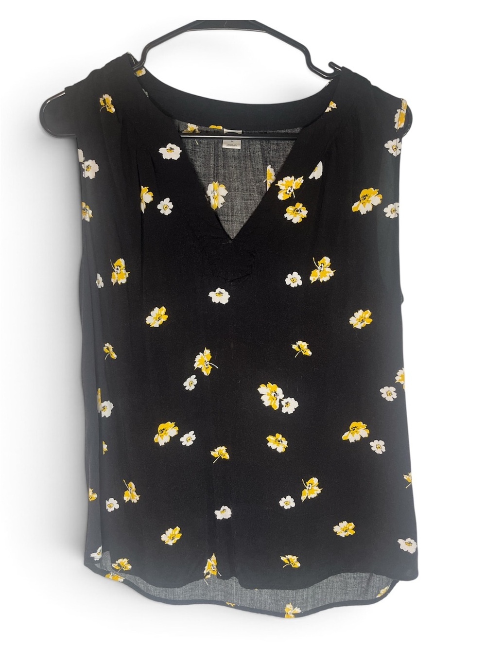 Old Navy Black Sleeveless V-Neck Top with Yellow & White Floral Print